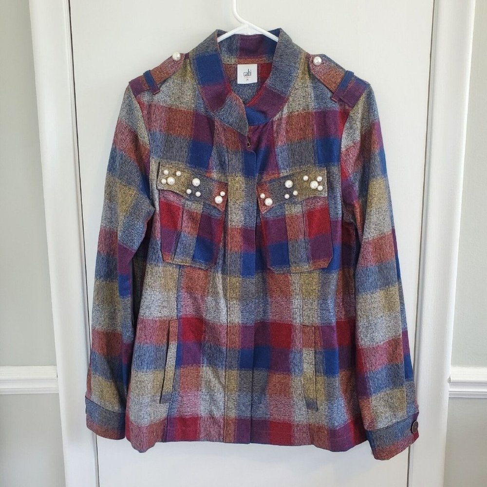 Cabi Medium Style 3555 Women's Plaid Collage Pearl Embellished Full Zip Jacket